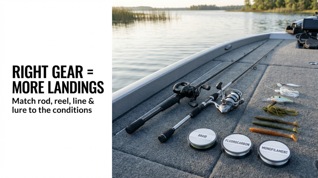 Beginner bass fishing gear laid out on a boat deck: rod, reel, fishing line and bass lures.