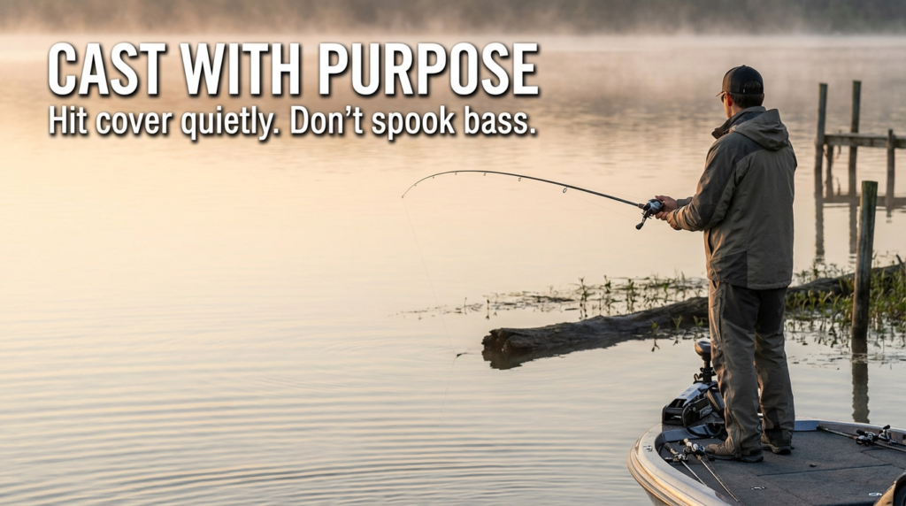 Beginner angler making a controlled sidearm cast toward cover on a calm lake to avoid spooking bass.