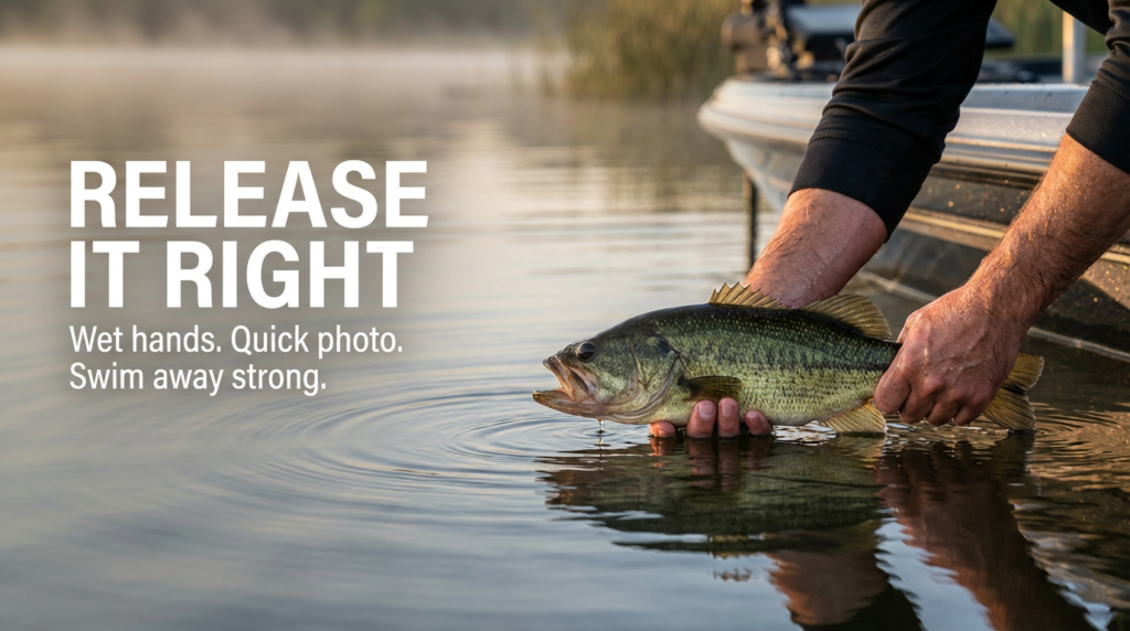 Angler releasing a largemouth bass properly with wet hands, supporting the fish in the water before letting it swim away.