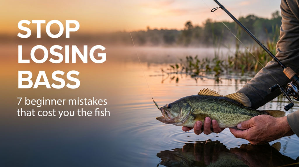 A beginner angler holding a largemouth bass at sunrise avoiding common fishing mistakes.
