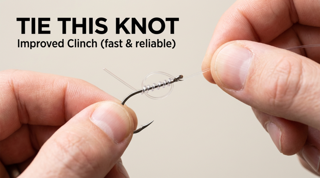 Hands tying an improved clinch knot to attach fishing line to a hook for bass fishing.
