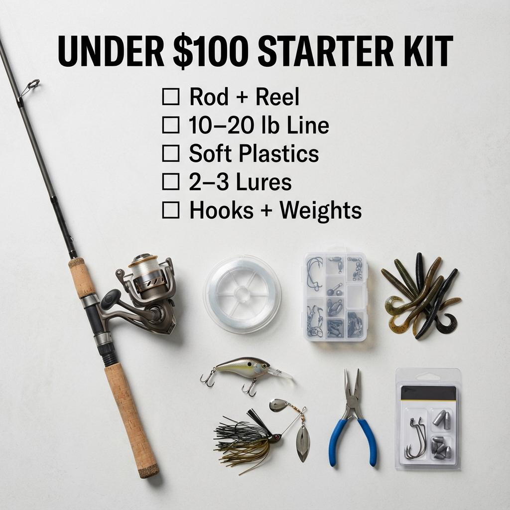 Under \$100 bass fishing starter kit checklist: rod and reel, line, soft plastics, 2–3 lures, hooks and weights.